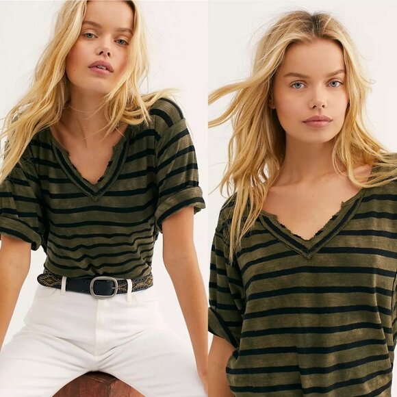 NWT Free People Military Head In The Clouds Stripe Tee Size XS T-Shirt New Boho - Picture 2 of 6